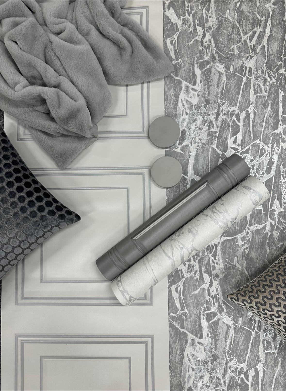 Cool Tones, Classic Beauty: Silver Grey Panels and Marbles Wallpapers on Mood Board Monday