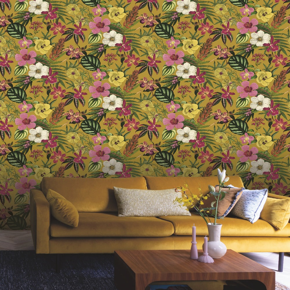 Priyal Floral Mustard Wallpaper | Rasch Wallcoverings | 284255