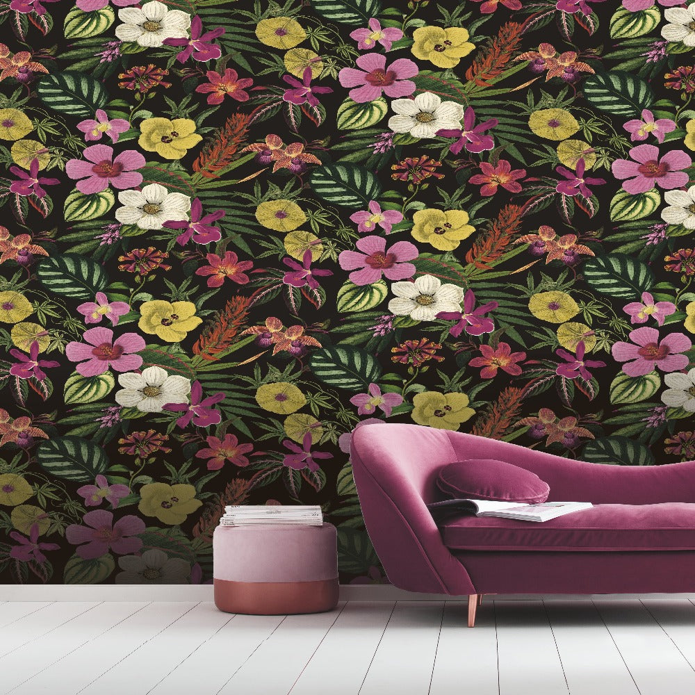 Priyal Floral Black Wallpaper | Rasch Wallcoverings | 284262