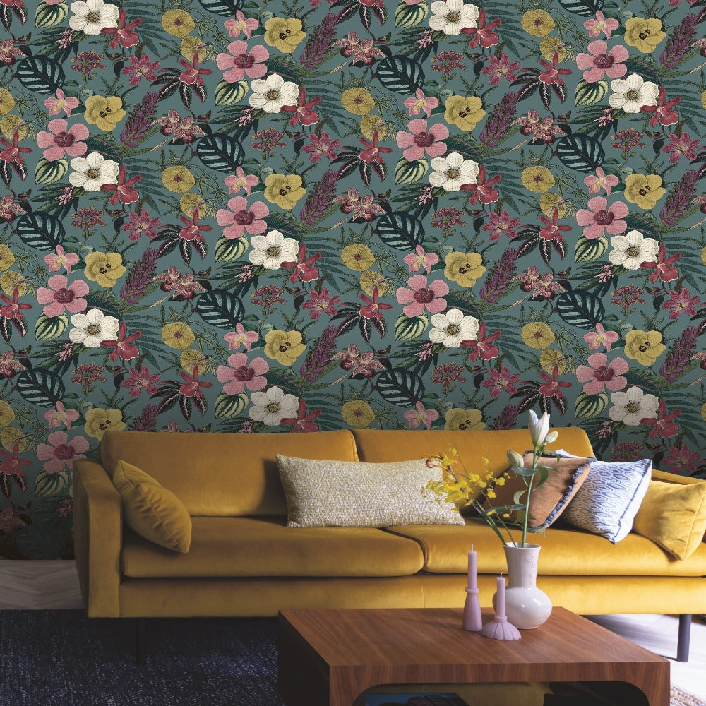 Priyal Floral Teal Wallpaper | Rasch Wallcoverings | 284279