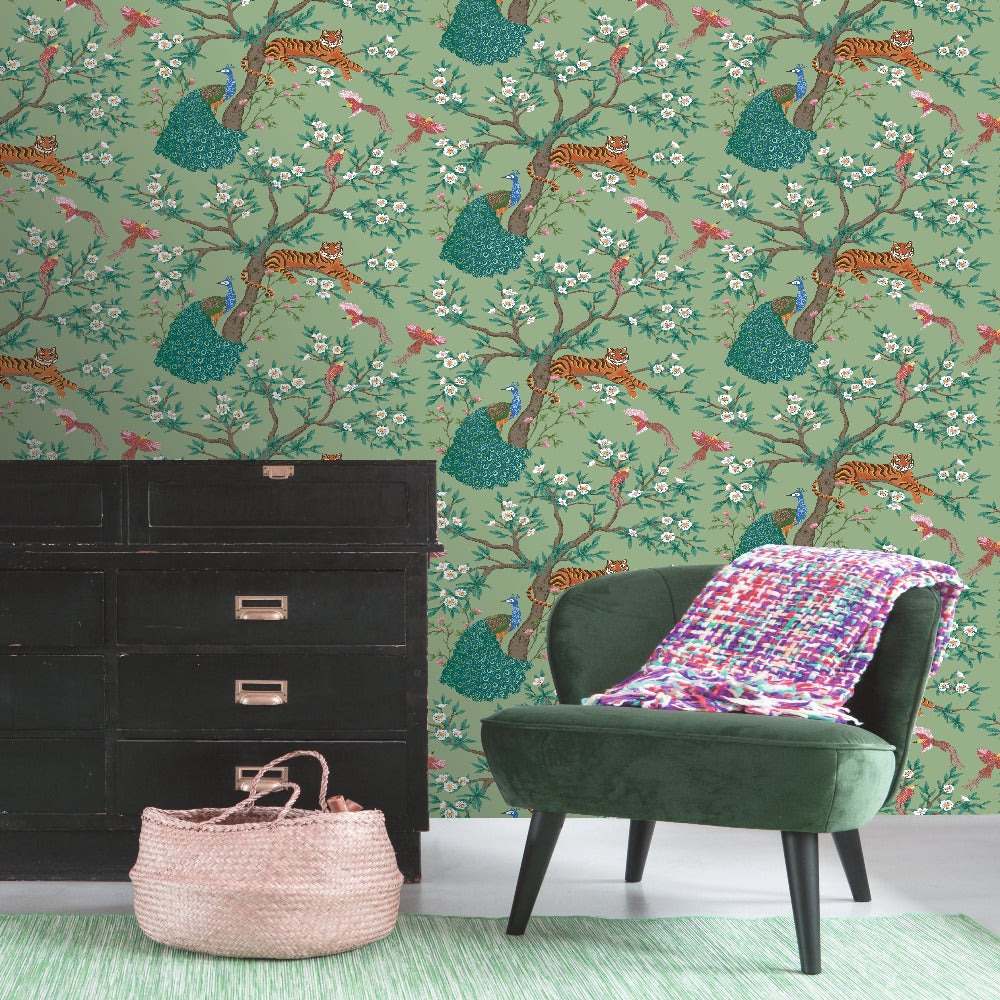 Priyal Chinoiserie Green Wallpaper | Rasch Wallcoverings | 285665
