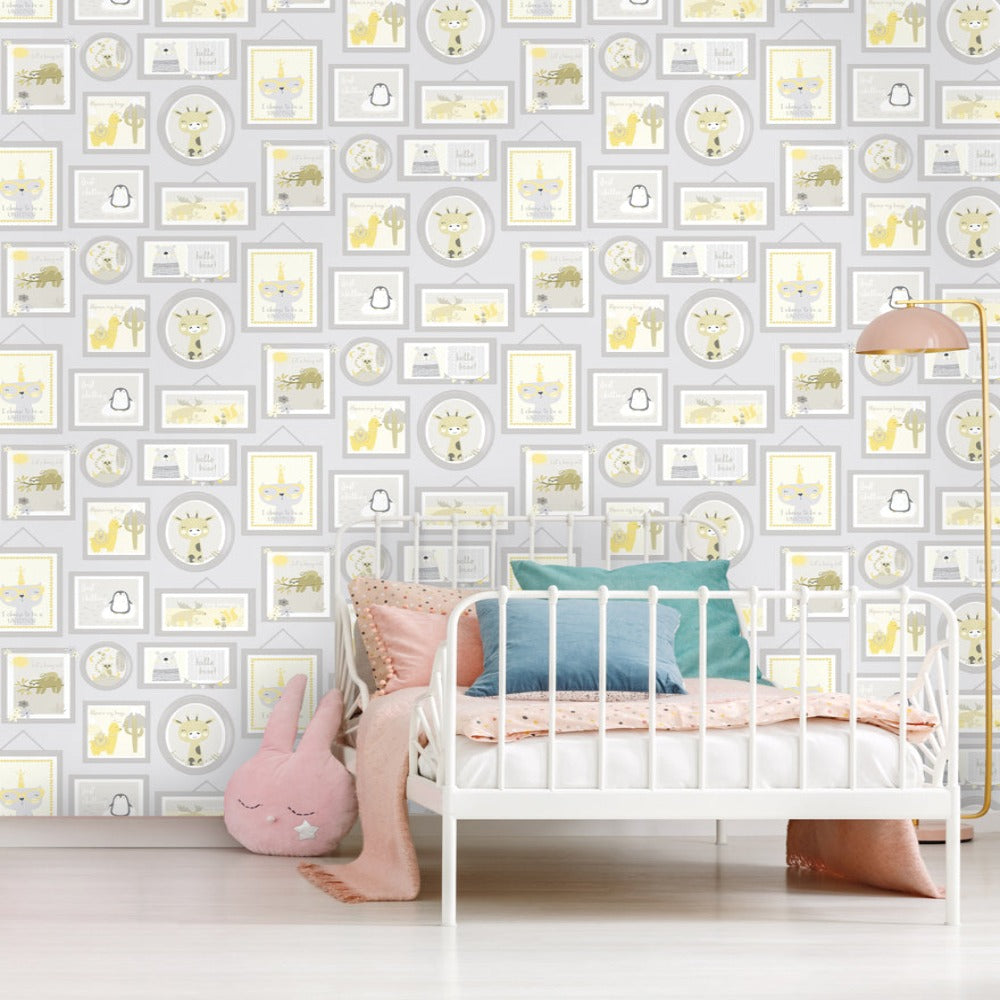 Animal Frames Yellow/Grey Wallpaper | Holden Wallcoverings | 90970