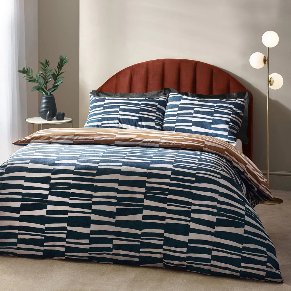 Piper Abstract Cotton Rich Reversible Duvet Cover Set Dusk/Bronze | Riva Home