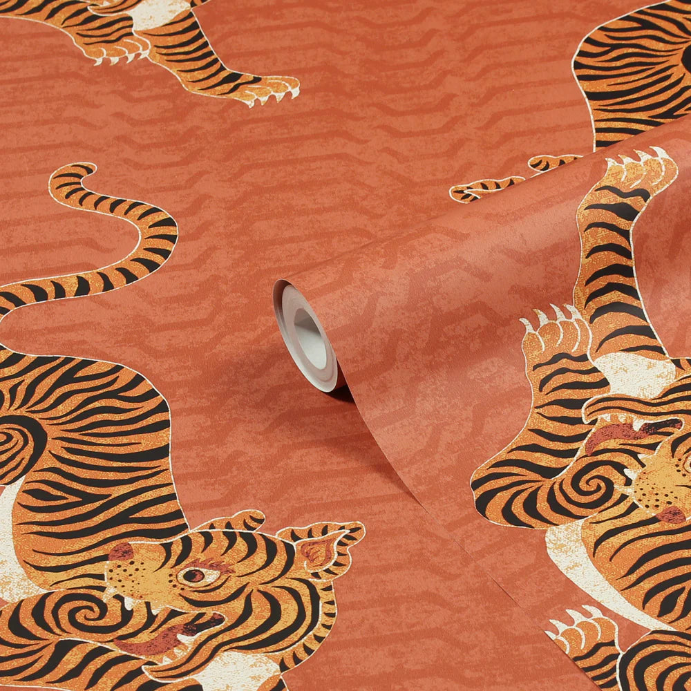 Tibetan Tiger Coral Wallpaper | Riva Home | TTIGER/WP1/COR-C