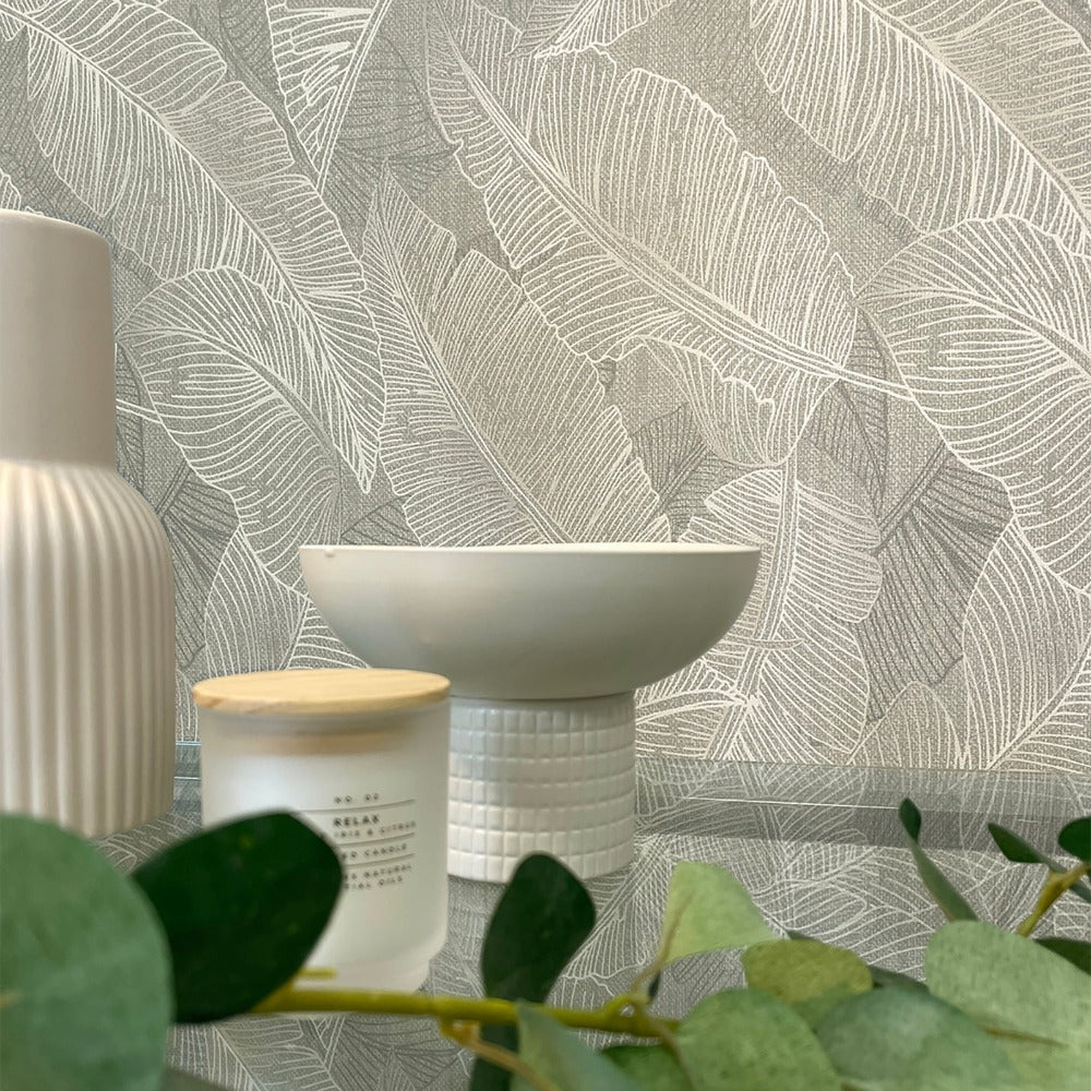 Anya Leaf Grey Wallpaper - Tropical Leaf Design | 2142