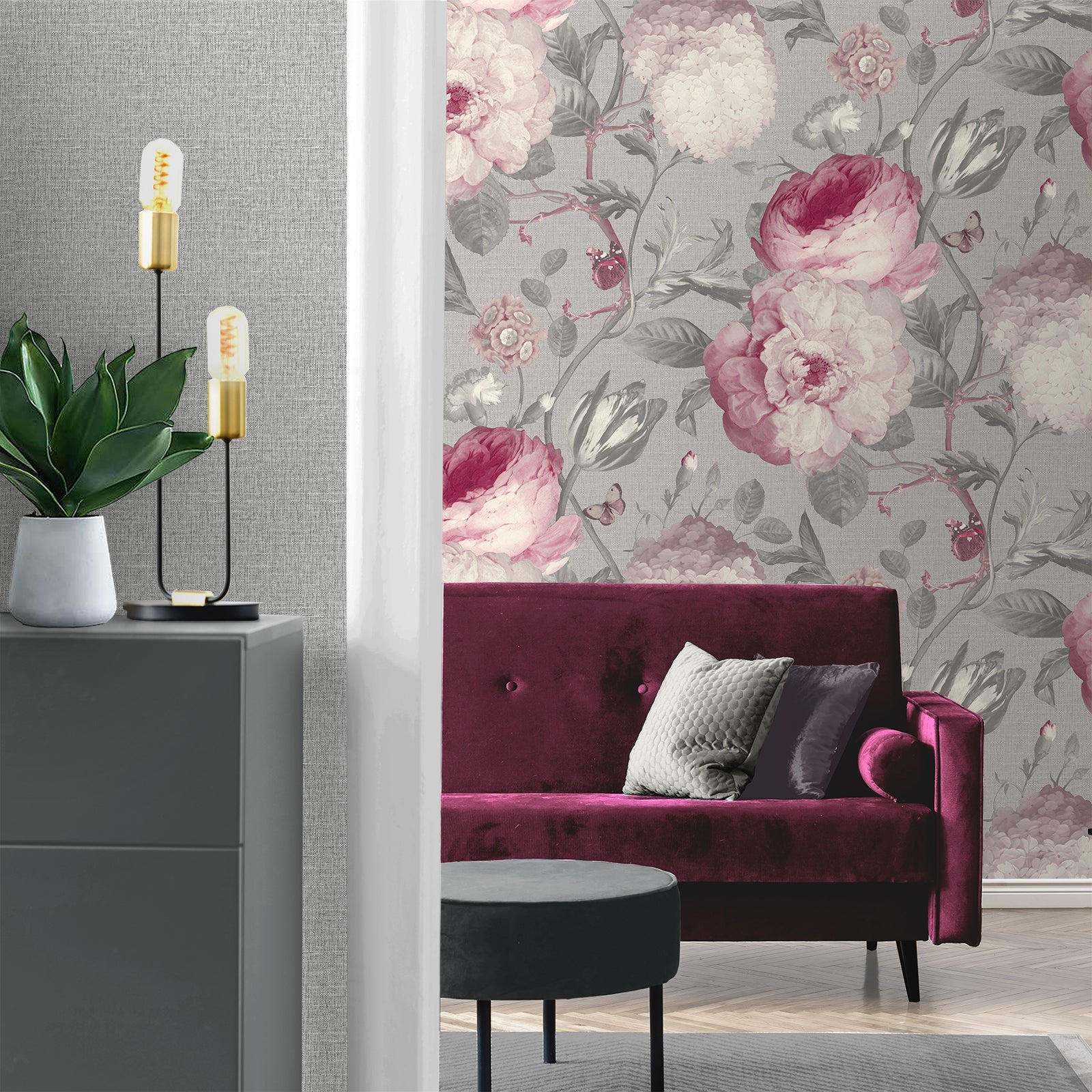 Giorgio Floral Silver/Pink Wallpaper | WonderWall by Nobletts  | Belgravia