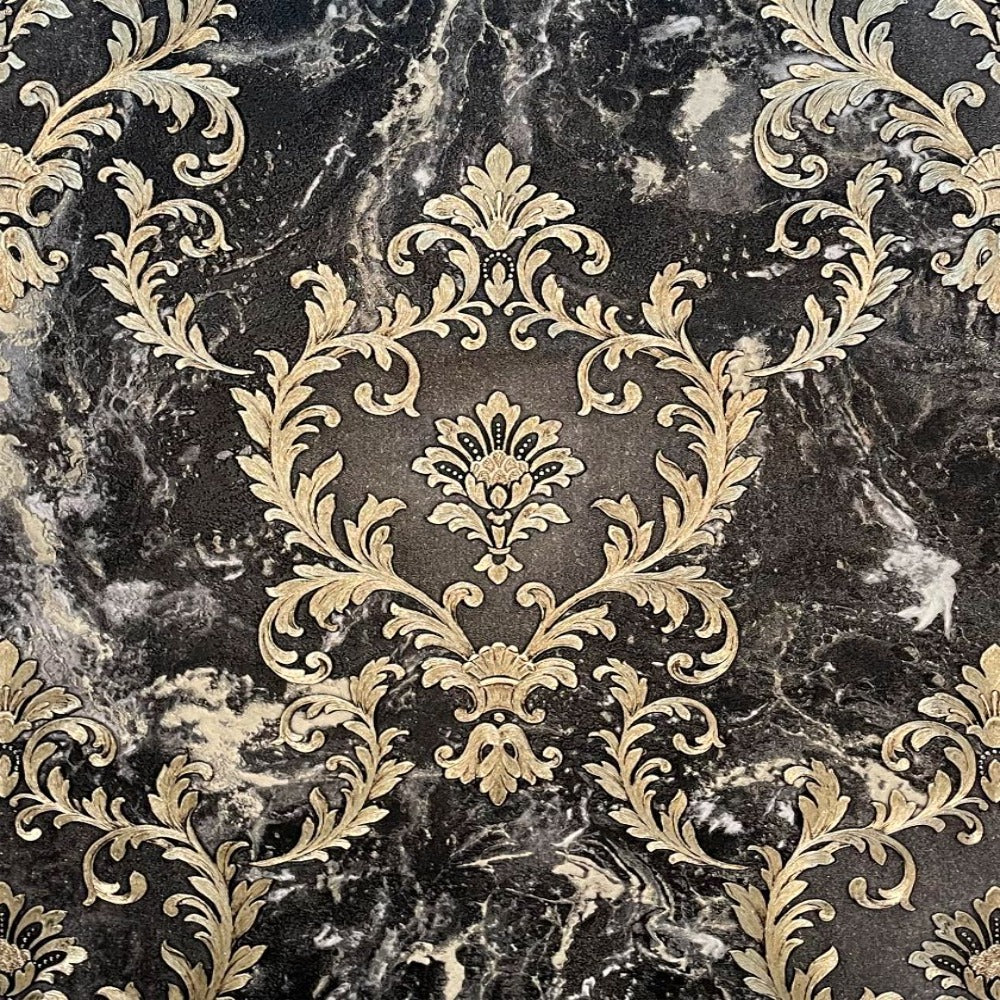The Design Library - Vasari Damask Black/Gold Wallpaper | 534382