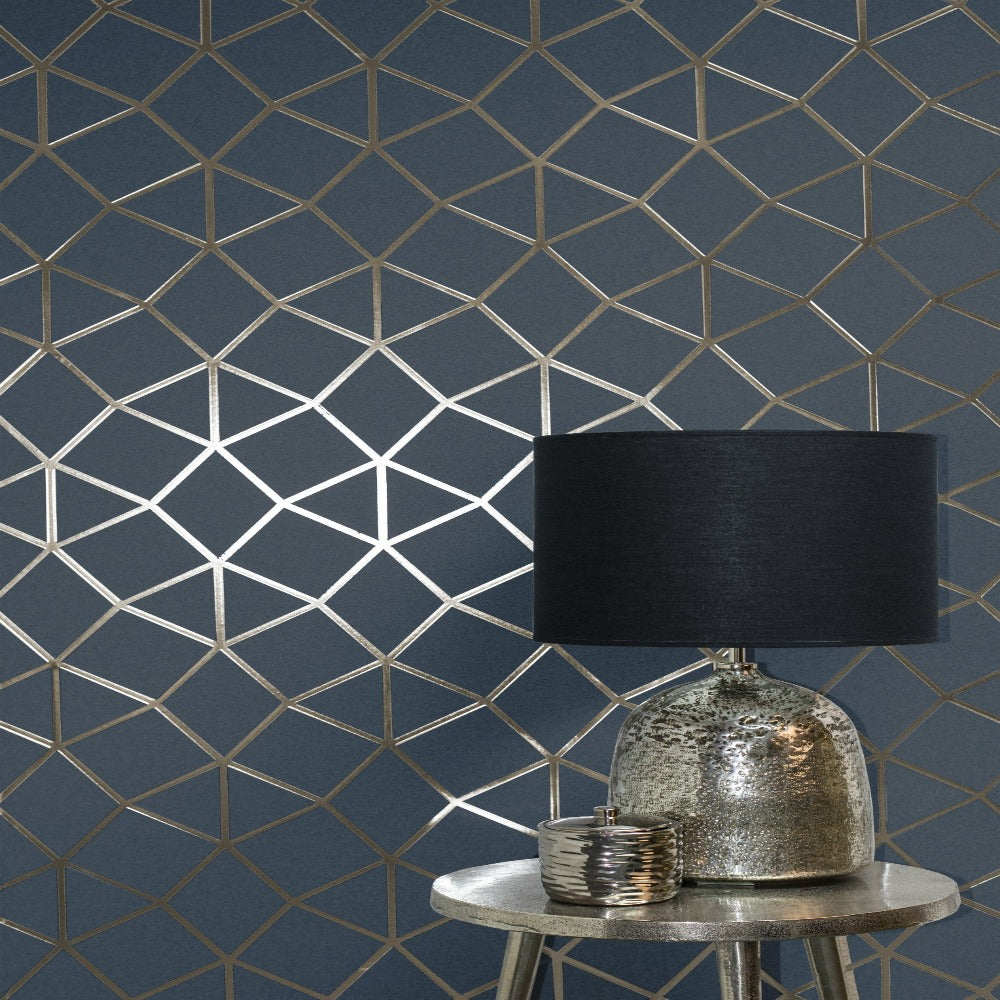Fine Decor Wallpaper | Platinum Geo Trellis Navy/Gold | FD42560