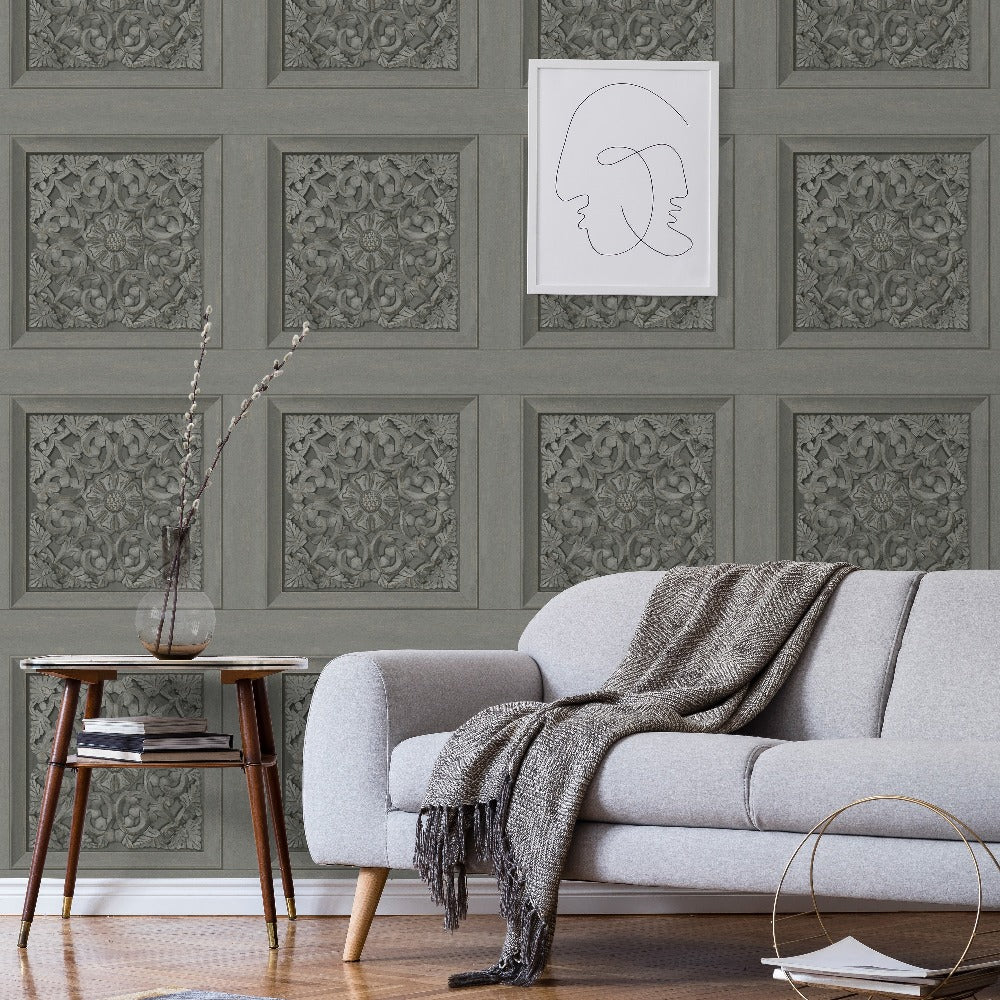 Carved Panel Gunmetal Wallpaper  | Fine Decor Wallcoverings - FD43274