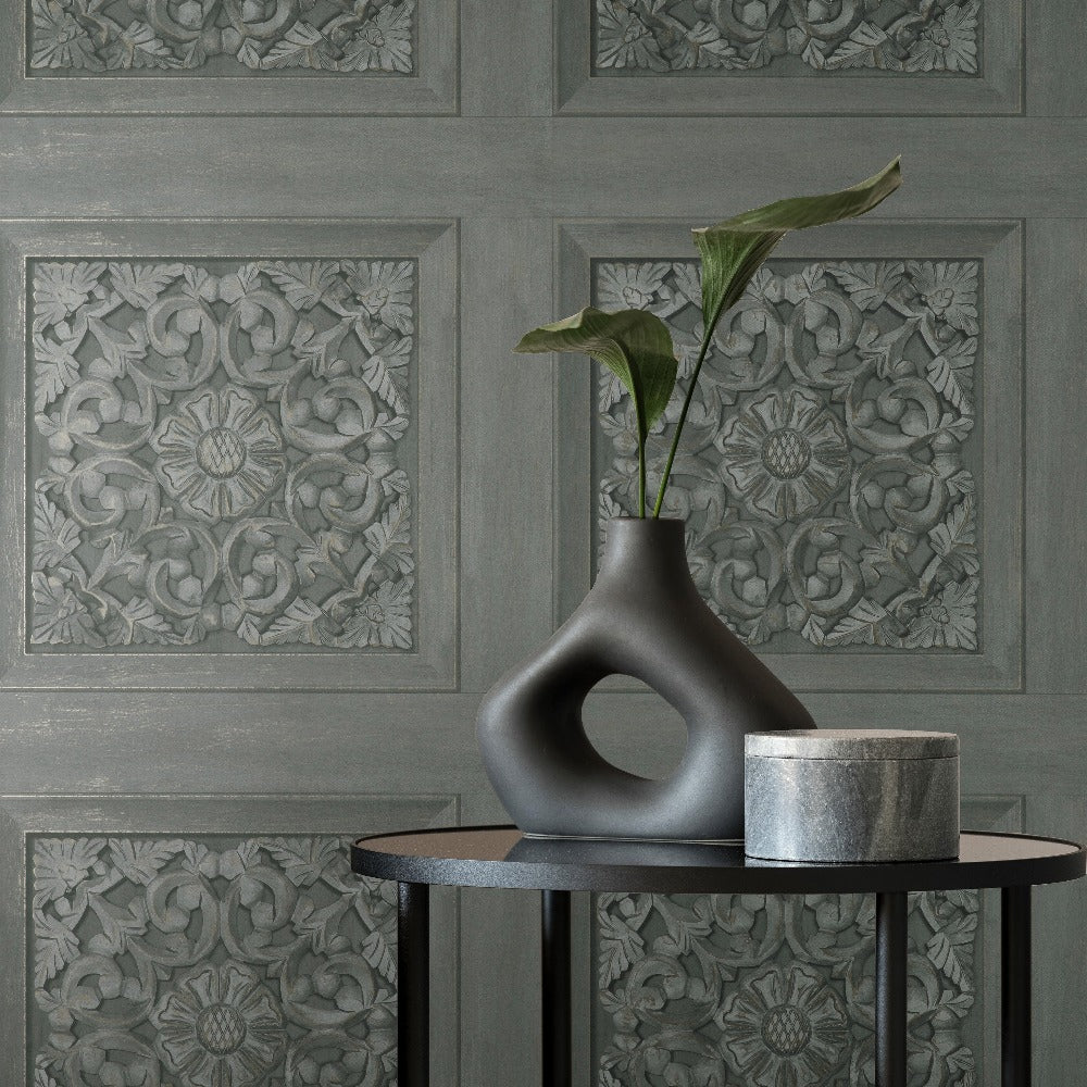Carved Panel Gunmetal Wallpaper  | Fine Decor Wallcoverings - FD43274