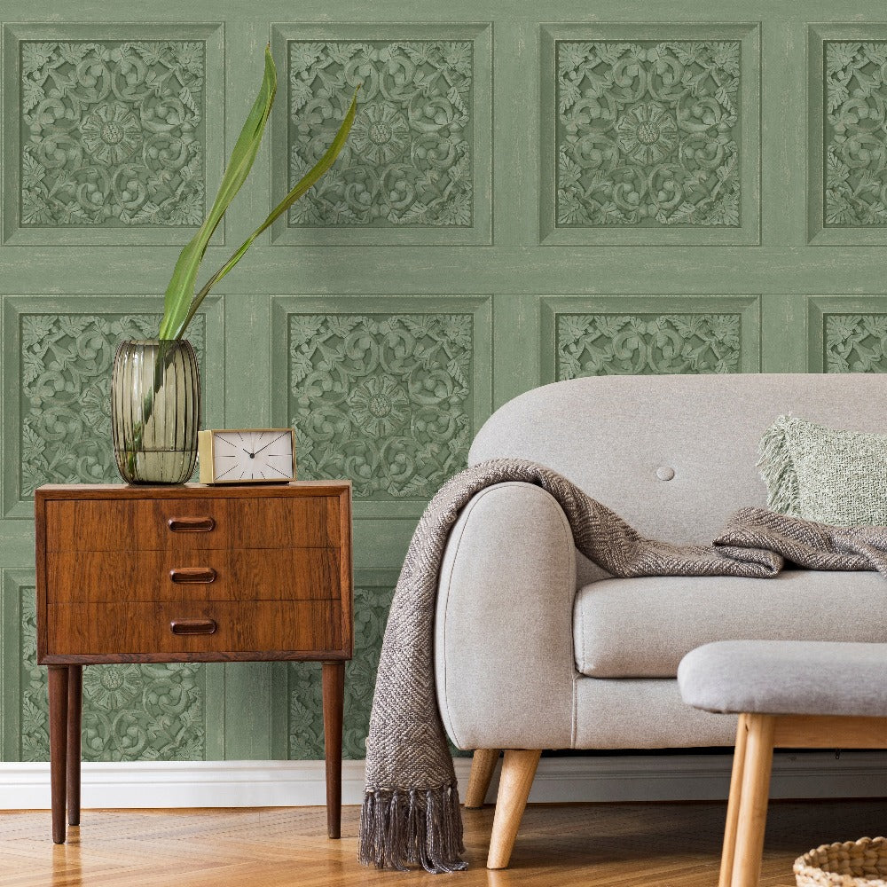 Carved Panel Sage Wallpaper | Fine Decor - FD43276