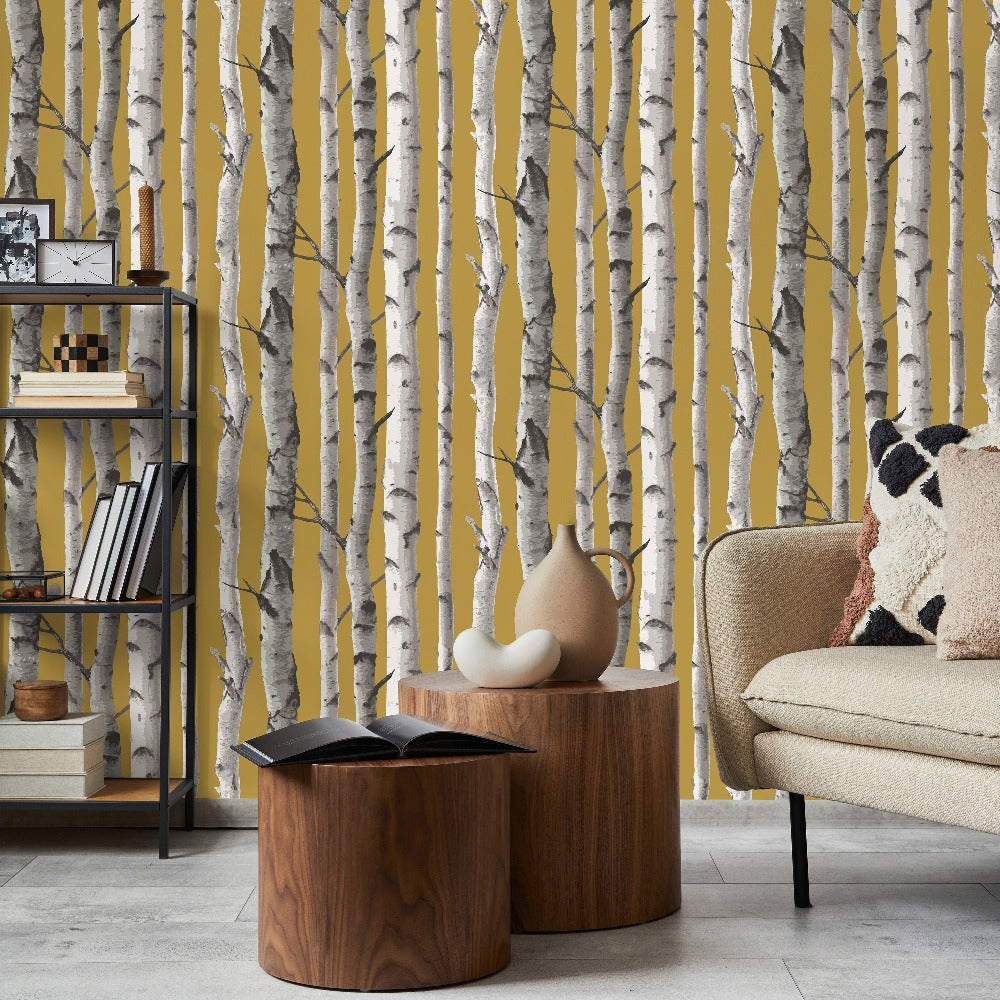Birch Trees Mustard Wallpaper - Fine Decor Wallcoverings - FDFD43290