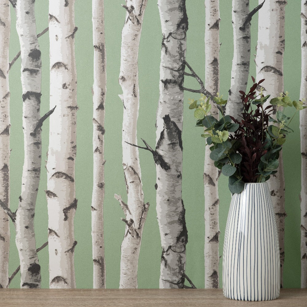 Birch Trees Sage Wallpaper - Fine Decor Wallcoverings - FD43291