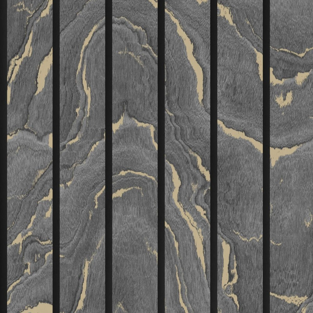 Woodgrain Panel Charcoal & Gold | Muriva Wallpaper | 193503